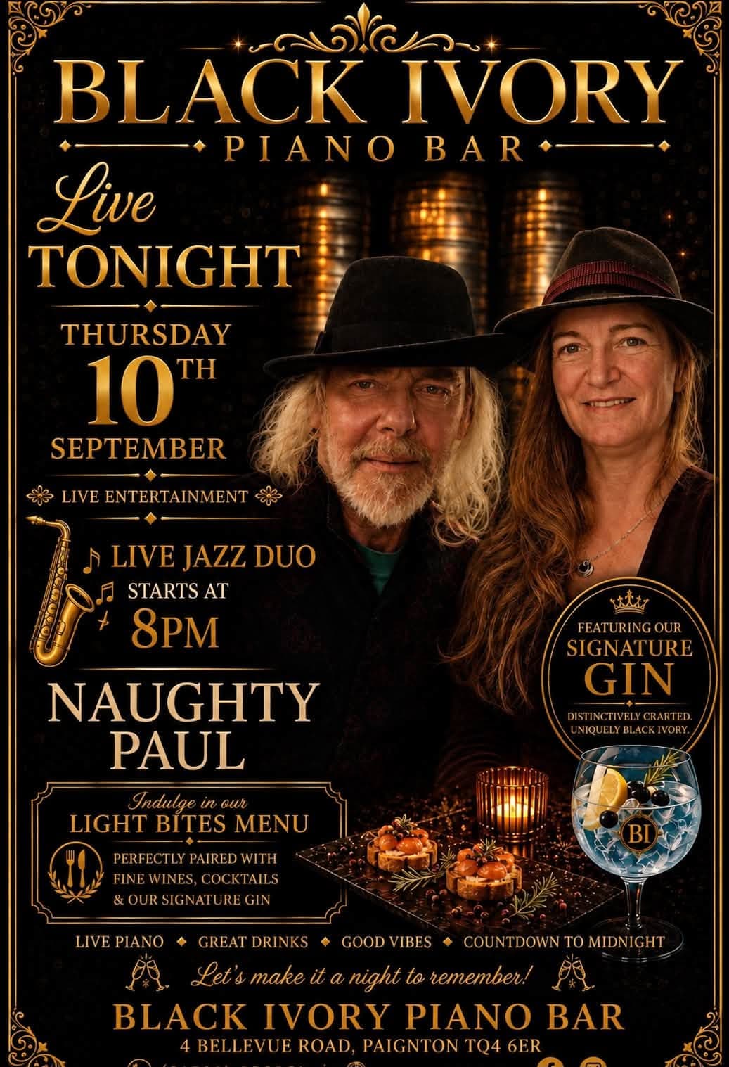 Live Tonight poster: Naughty Paul, live jazz duo, Thursday 10 September 8pm